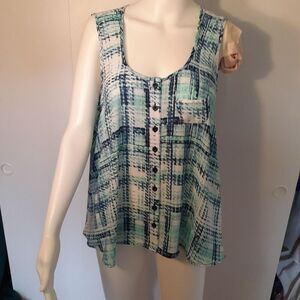 Style & Co blue summer sleeveless shirt top s white turquoise navy blue 4 6 8